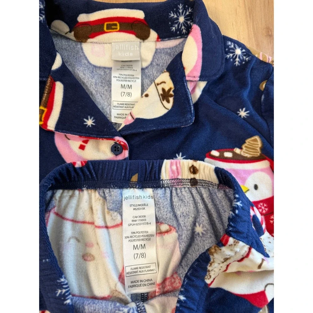 Jellifish Kids Holiday Pajamas Set Navy Blue Santa Snowman Fleece Size M 7/8